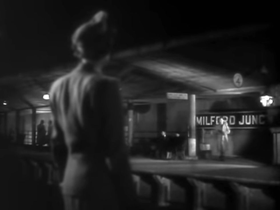 Celia Johnson sees Trevor Howard on the Milford Junction train platform in the classic British film romance movie "Brief Encounter"