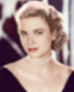 Woman with styled blonde hair, wearing pearl necklace and earrings, against a blurred dark background. She has a calm expression. Portrait of Hollywood movie star film actress young Grace Kelly Princess Grace of Monaco