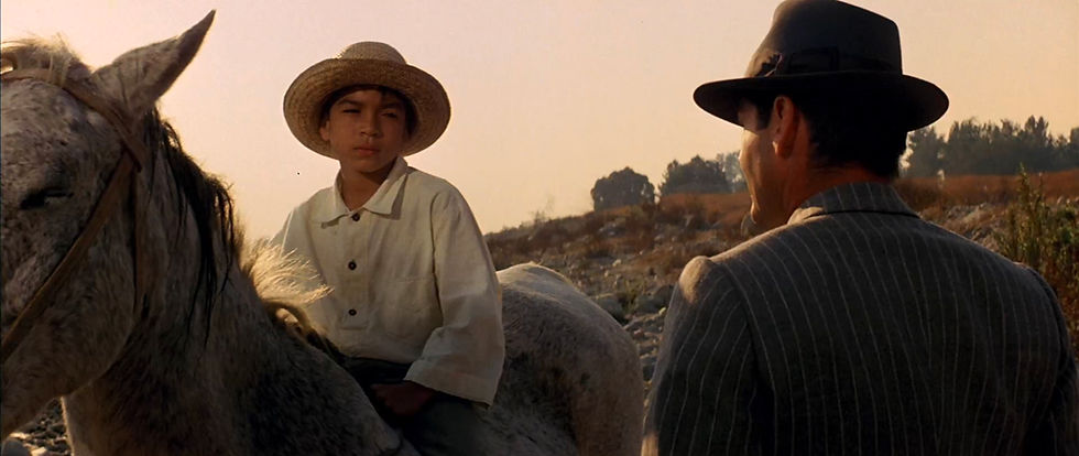 A boy in a straw hat rides a gray horse under a warm sky, facing a man in a pinstripe suit and fedora. Brush and trees in the background. Claudio Martinez and Jack Nicholson in the classic 1970s Hollywood movie neo-film noir detective thriller story "Chinatown"