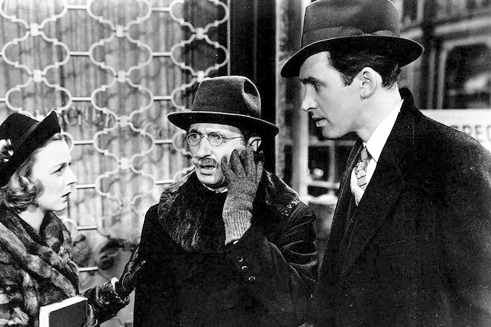 James Stewart and Margaret Sullavan and Felix Bressart in the classic Lubitsch movie Hollywood romantic comedy film "The Shop Around the Corner"