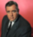 Man in a dark suit and tie looks directly at the camera with a serious expression. The background is solid red, creating a dramatic mood. Color photo of Hollywood character actor film and TV movie star younger Raymond Burr
