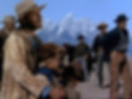 Homesteaders at a funeral near the Grand Teton mountain range in the classic Hollywood George Stevens film Western movie "Shane"
