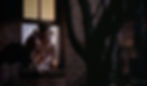A man and woman lean out of a window in a brick building at night. The scene is dimly lit, with a tree shadow visible. Rand Harper and Havis Davenport are newlyweds in the Alfred Hitchcock classic Hollywood film suspense movie "Rear Window"