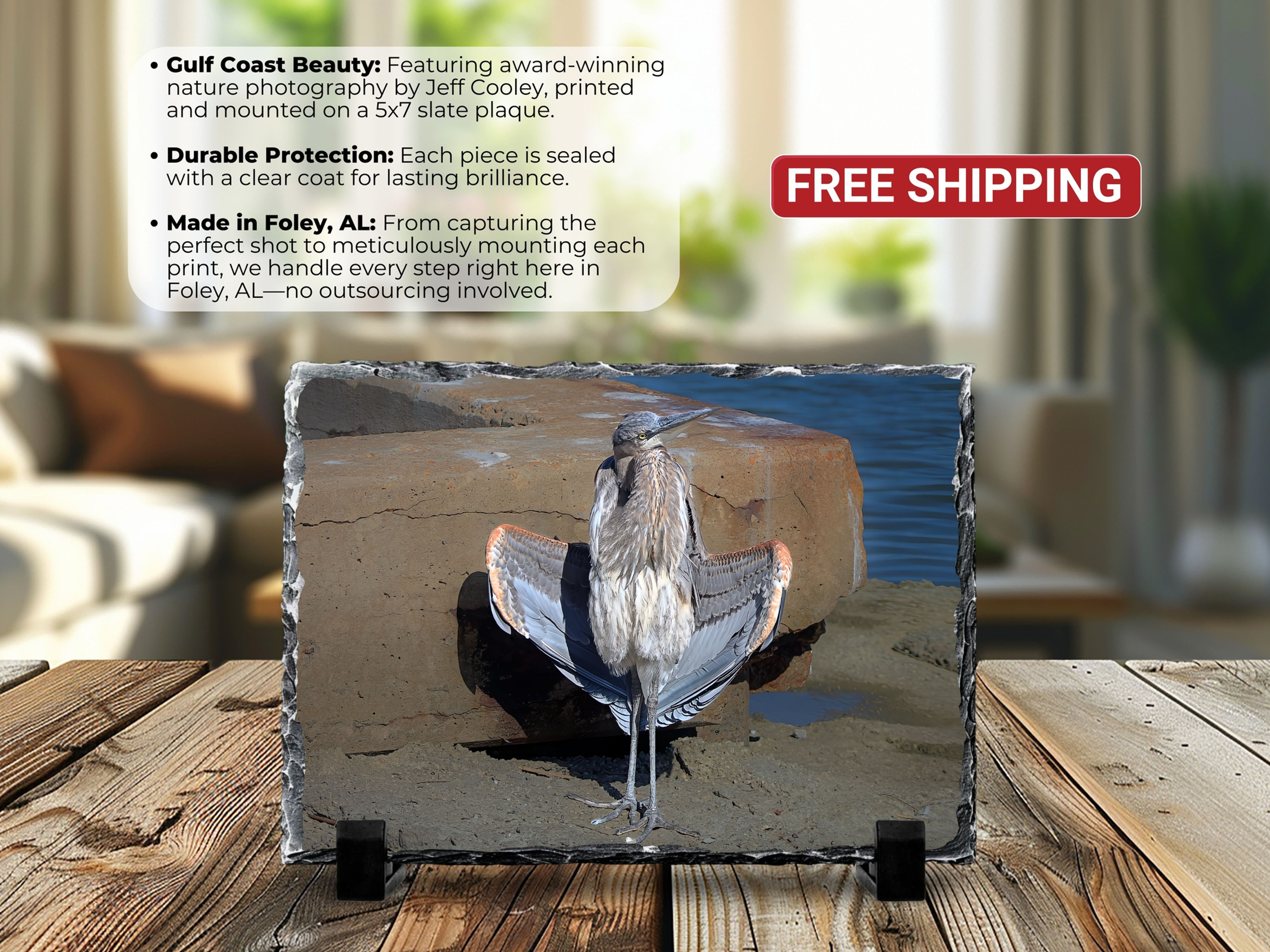 Great Blue Heron Slate Photo Display – 5x7 Stone – Free Shipping