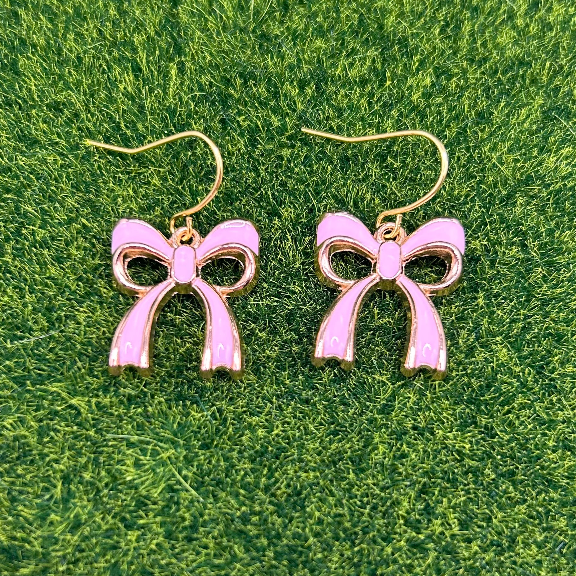 Pink Bow Enamel Dangle Earrings - Nickel Free