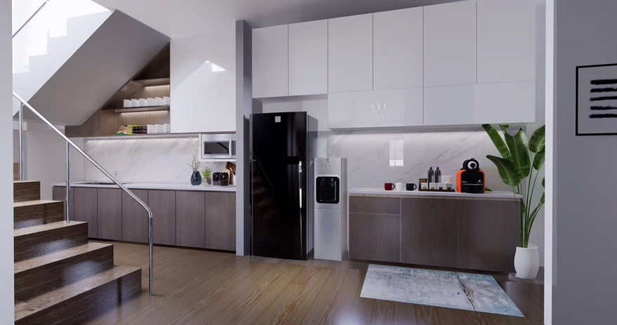 Modern under-stairs kitchenette with white cabinets, black refrigerator, and office coffee station setup.