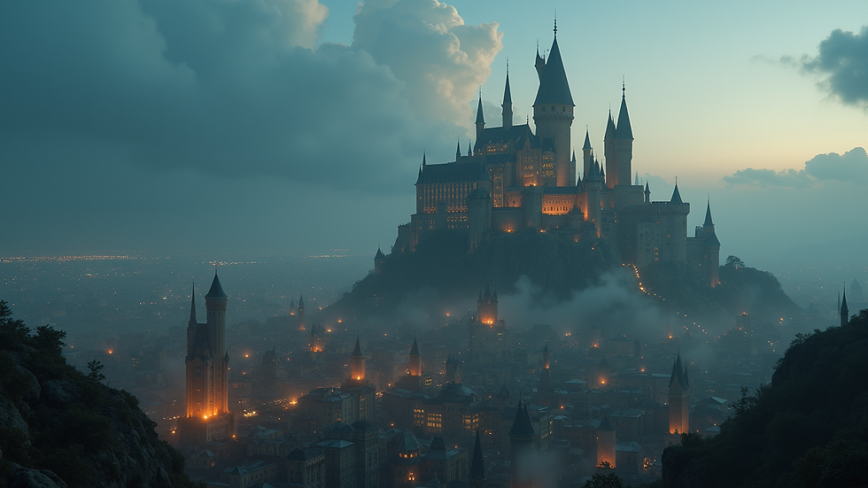 Wide angle view of a sprawling fantasy city with towering castles and glowing lights