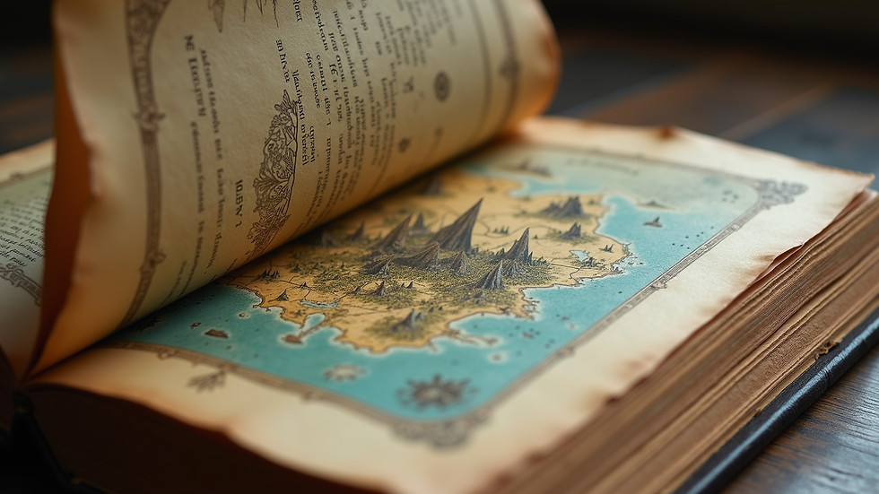 Close-up view of a fantasy book with a detailed map of an imaginary world