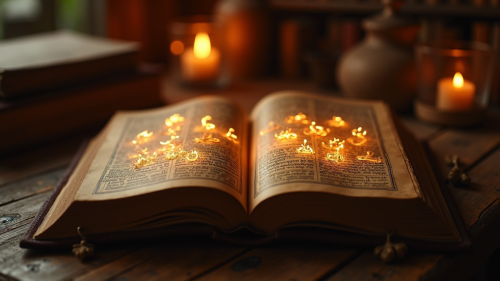 Eye-level view of an ancient book with glowing magical symbols