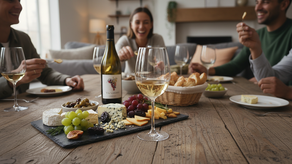 Eye-level view of a wine glass and cheese platter on a wooden table