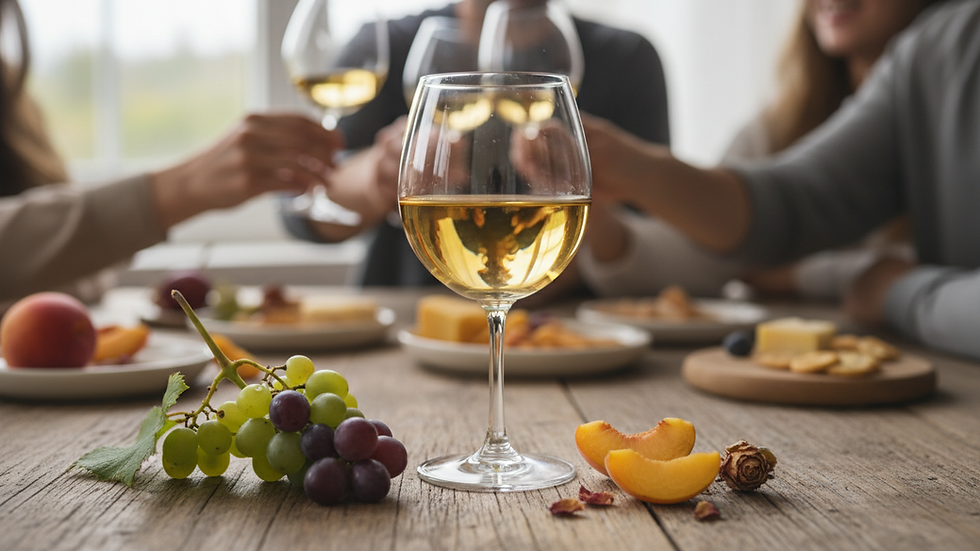 Close-up view of a glass of Gewürztraminer wine on a wooden table