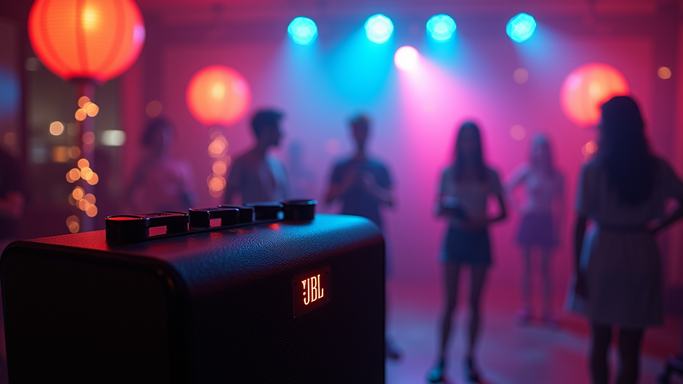 High angle view of a party setup with JBL PartyExpress speaker and colorful lights