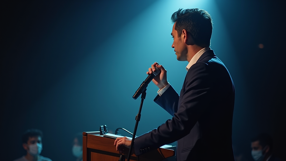 eye-level view of professional speaker adjusting microphone on stage