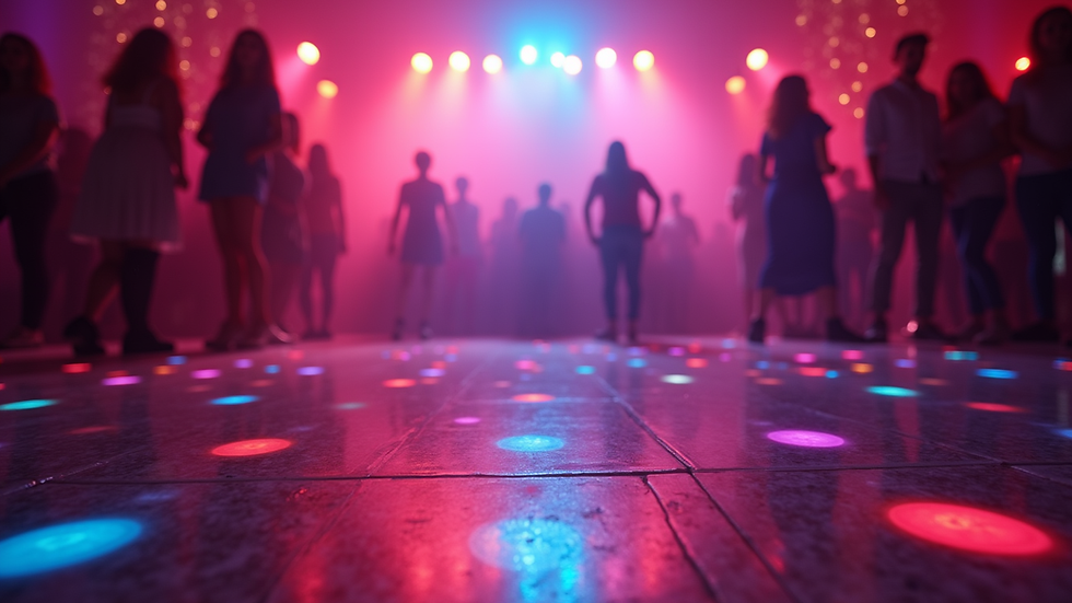 Eye-level view of colorful party lights illuminating a dance floor