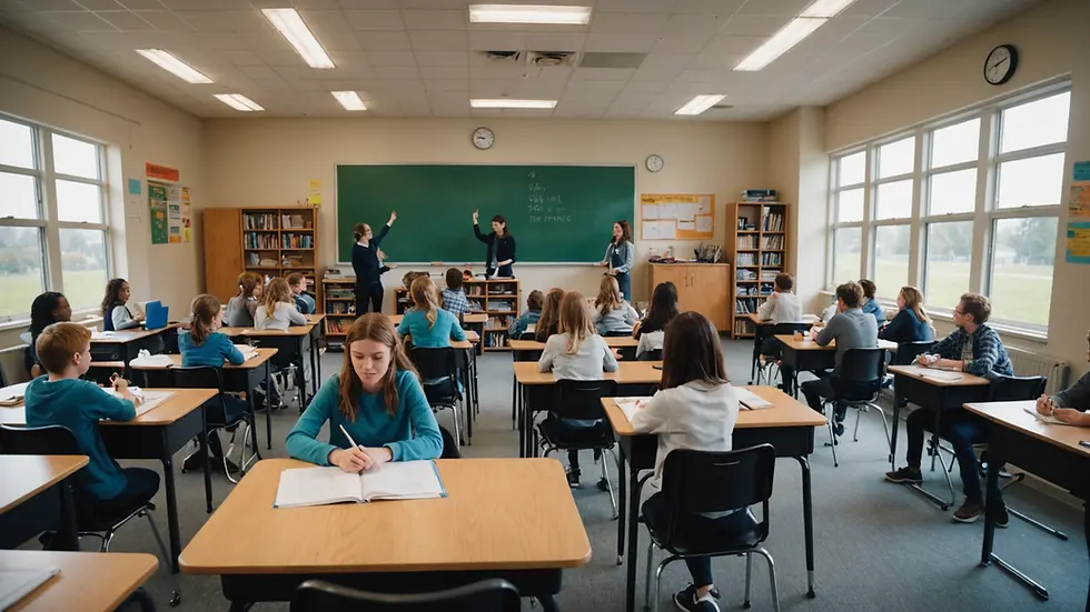 Wide angle view of a classroom filled with students engaged in learning