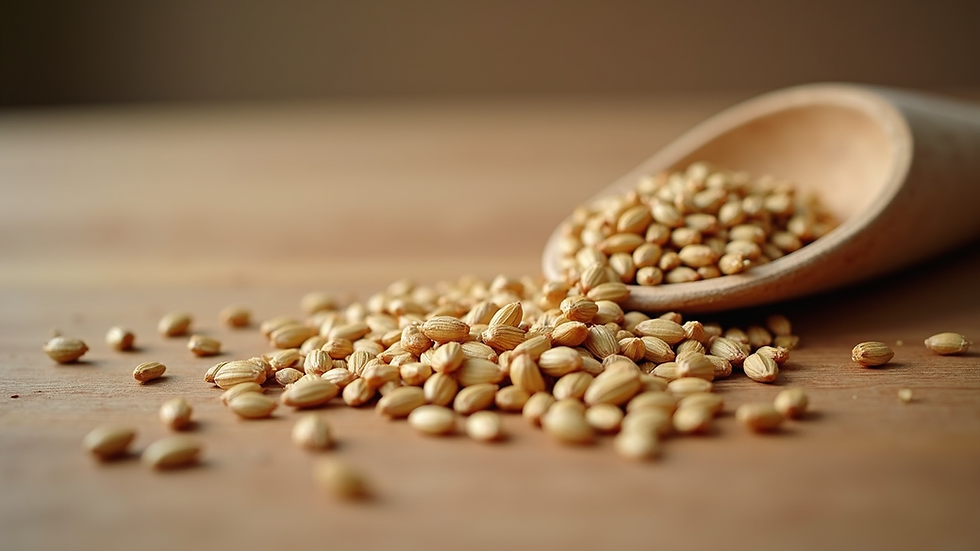 Close-up view of hemp seeds scattered on a wooden surface