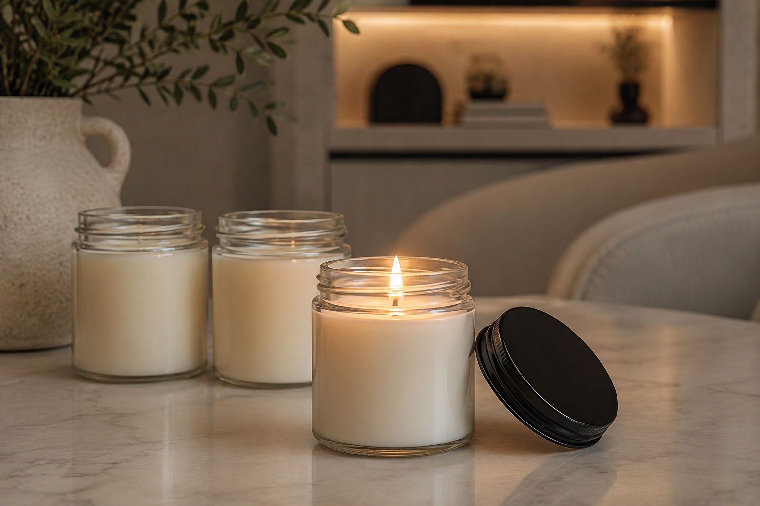 Classic Collection Candles by Coco Select featuring a lit 8 oz clear glass candle with two unlit candles and black lids in a