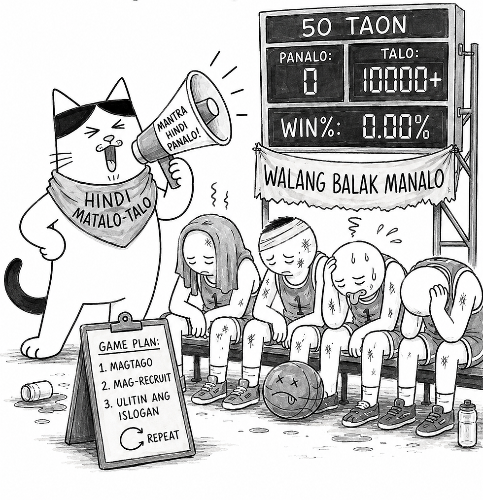 Itim-puting cartoon: pusang may megaphone sa tabi ng bagsak na koponan; scoreboard 50 taon, WALANG BALAK MANALO. Prompted & AI-Rendered