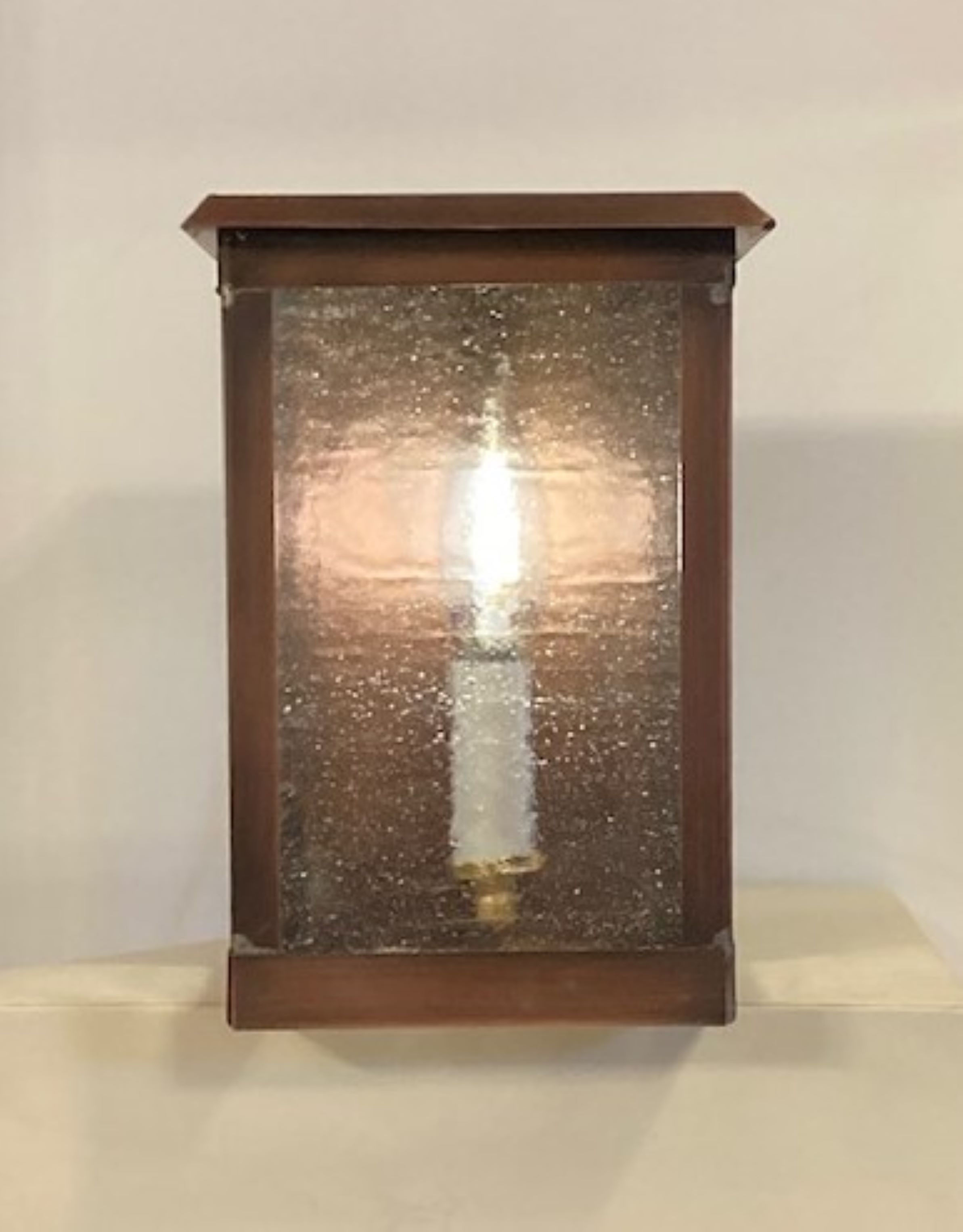 Small Plateau solid copper wall lantern. Seedy Glass. Handmade in USA.