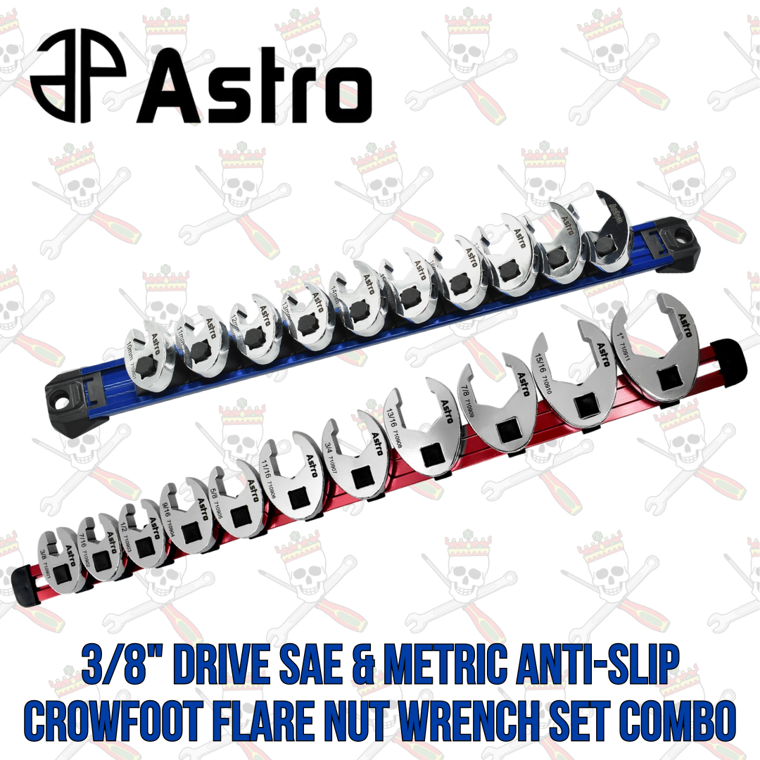 Astro 3/8" Drive SAE & Metric Anti-Slip Crowfoot Flare Nut Wrench Set Combo