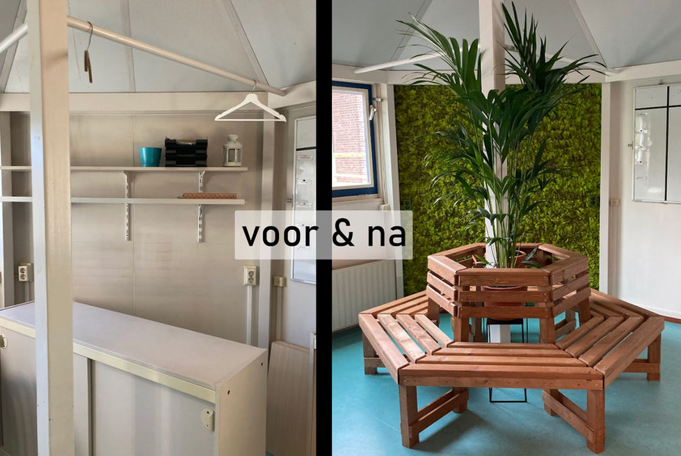 Teamkamer met moswand voor en na ontworpen door Ruimte voor Inspiratie