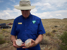 A BLM employee, dressed in a blue button-down shirt, looks at a geode on a Rio Grande corridor tour in the San Luis Valley.