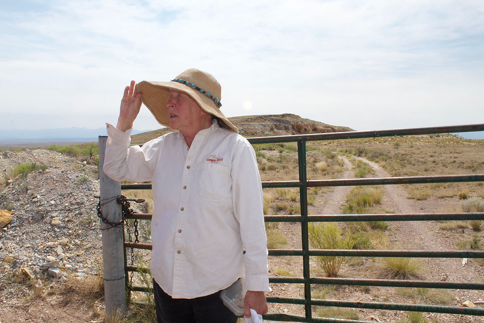 Loretta Mitson, a local historian, stands outside the 'Private Property' gate to the King Turquoise Mine. 