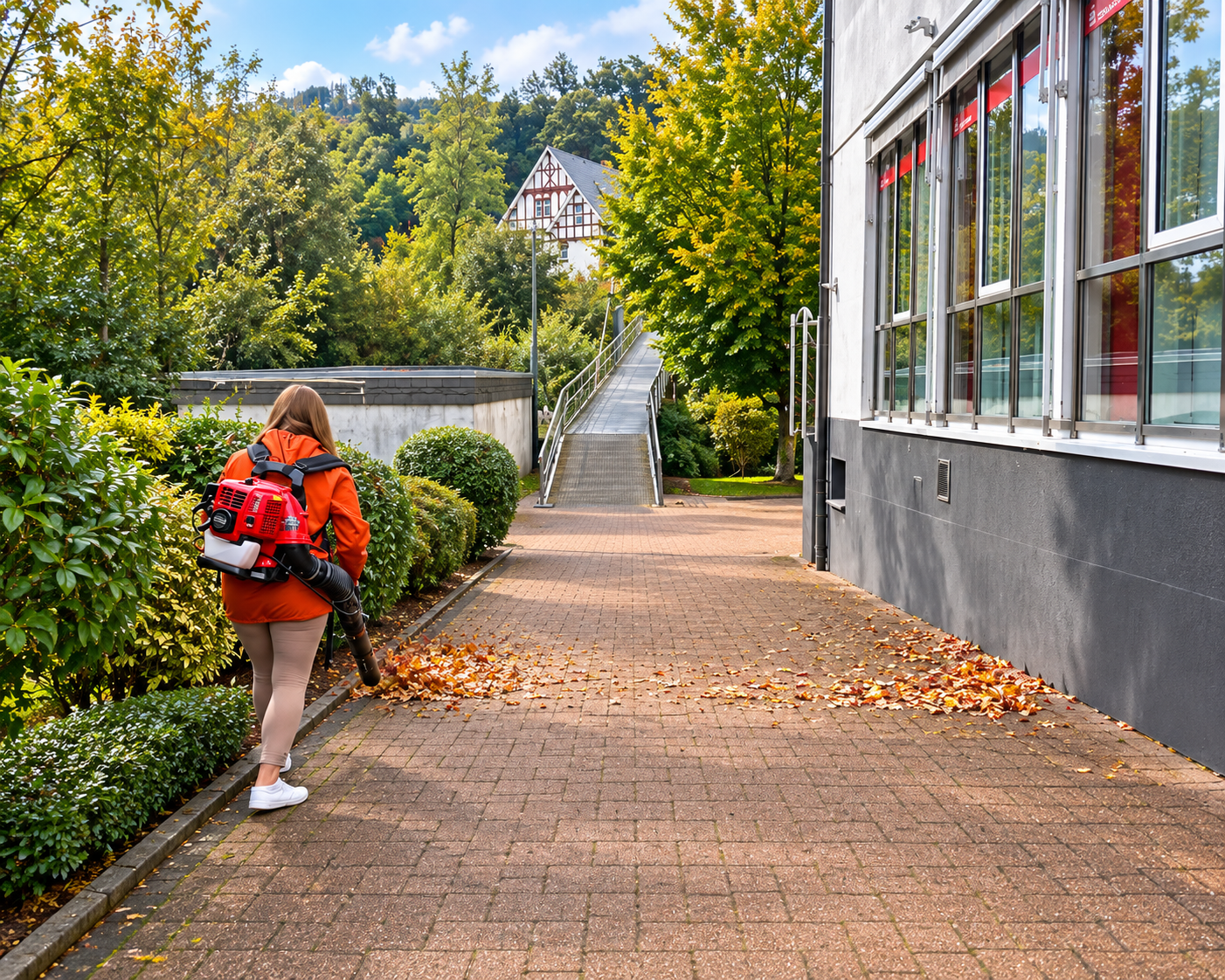 Außenanlagenpflege für Gummersbach und Umgebung – Laubentfernung auf einem gepflasterten Weg neben einer Hecke (KI-bearbeitetes Bildmotiv)
