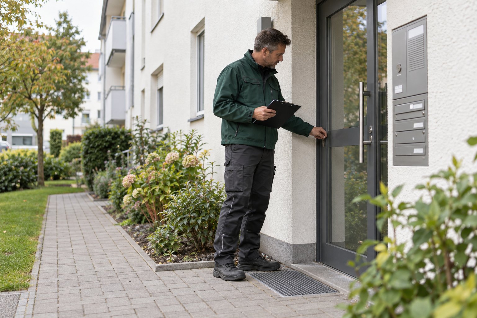 Hausmeisterservice Werdohl – Sichtkontrolle am Gebäudeeingang (KI-Motiv)