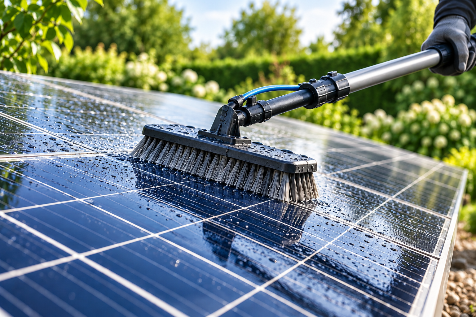 Solaranlagenreinigung Attendorn – Reinigung von Solarmodulen mit einer Bürste (KI-Motiv)