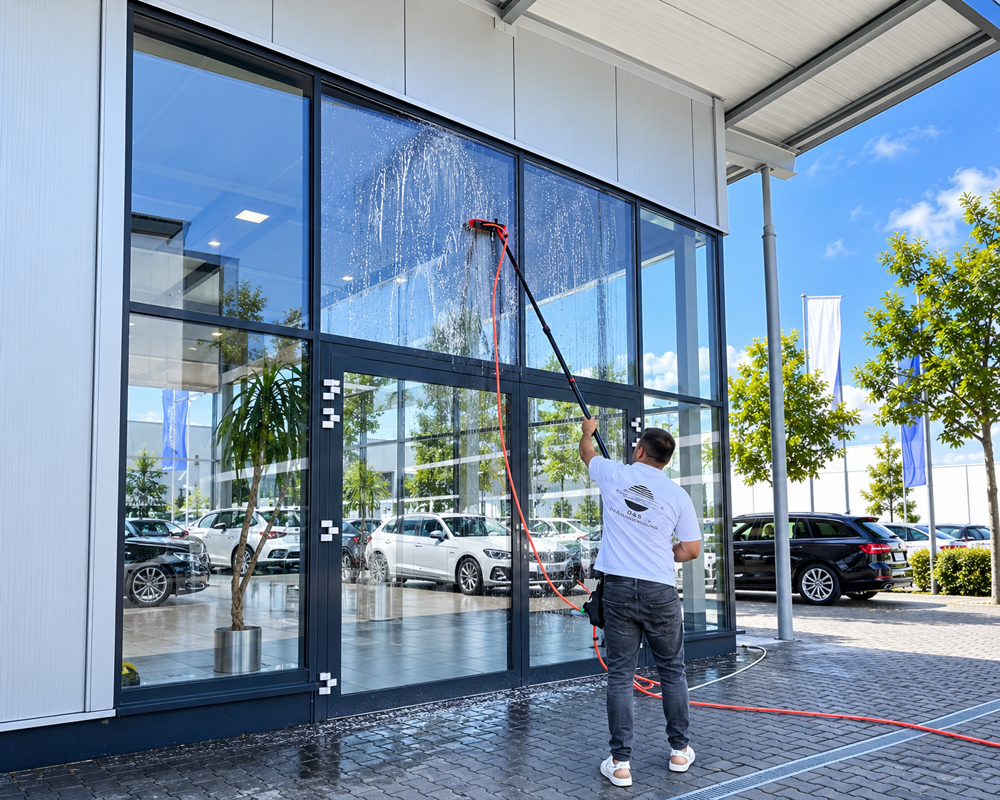 Fensterreinigung für Gummersbach und Umgebung – Reinigung einer hohen Glasfront mit einer Teleskopbürste (KI-bearbeitetes Bildmotiv)