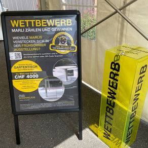wettbewerb frühsommer ausstellung urne und kundenstopper mit dem plakat