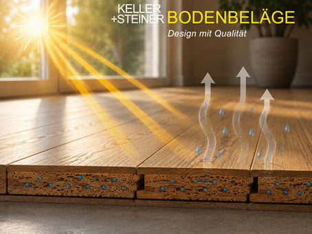 Sonnenstrahlen treffen auf Parkettboden und Feuchtigkeit verdampft