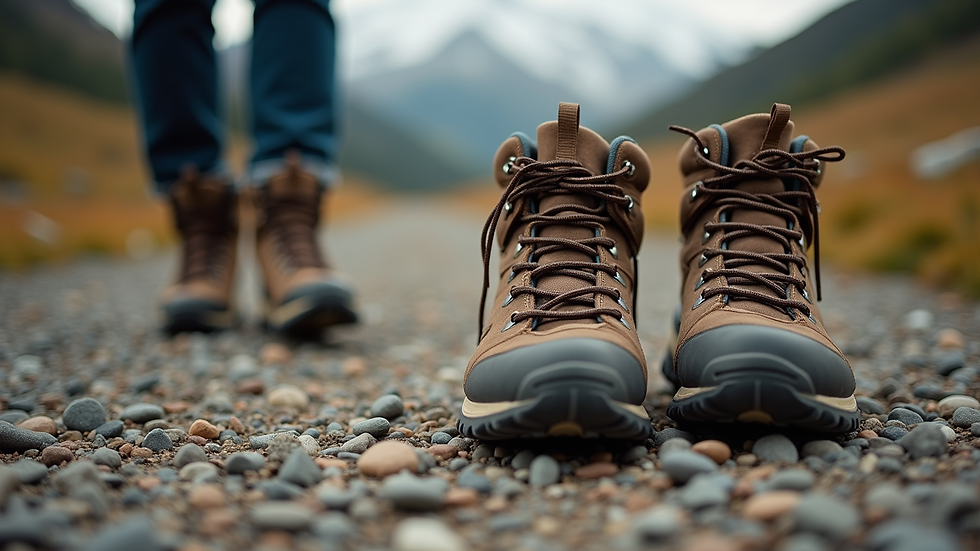 Close-up view of a pair of hiking boots on a rocky trail
