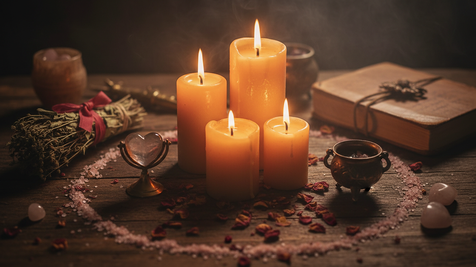 Close-up view of ritual candles burning during a love spell ceremony