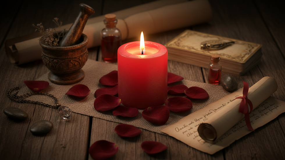 Eye-level view of a lit red candle surrounded by rose petals