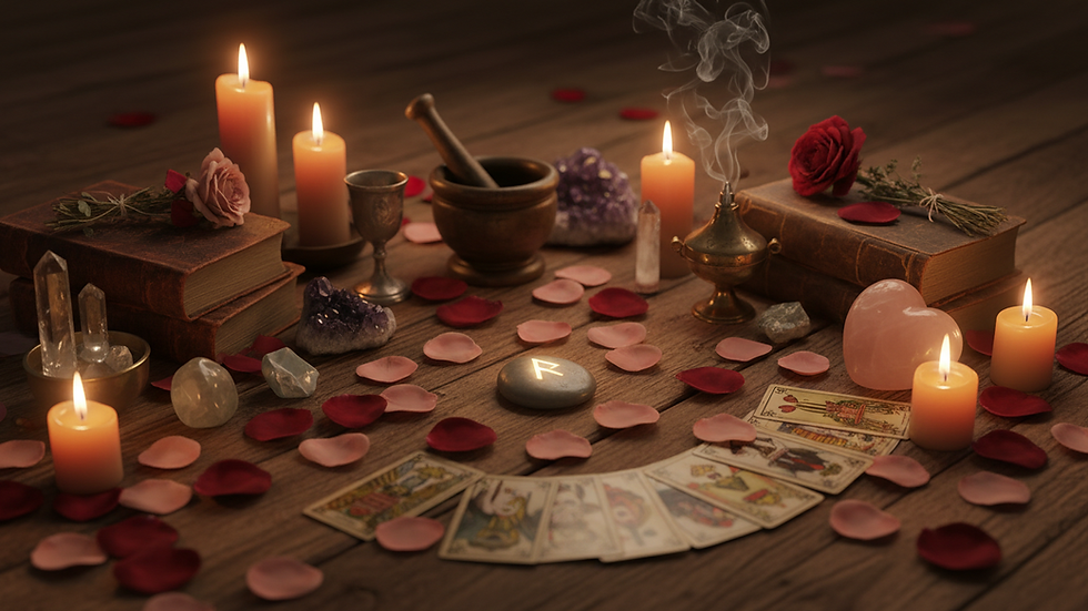 Close-up of a ritual altar with rose petals and crystals