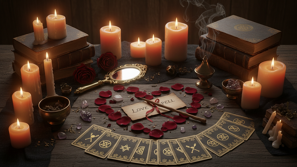 Eye-level view of a ritual setup with candles and rose petals