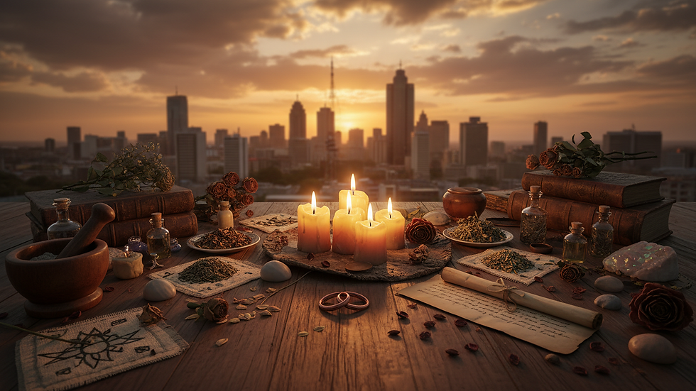 Eye-level view of a Johannesburg cityscape at sunset with warm colors