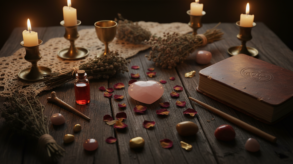 Close-up view of traditional ritual items used in love spell casting