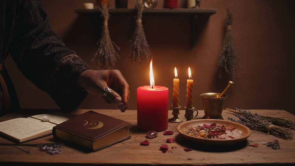 Eye-level view of a red candle burning with a love spell setup