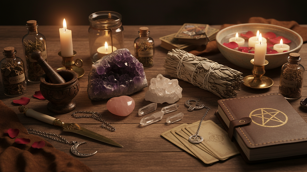 Close-up view of healing crystals and sage bundle on wooden table
