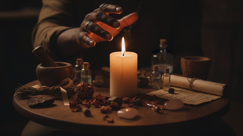 Close-up view of a glowing candle used in a love spell ritual