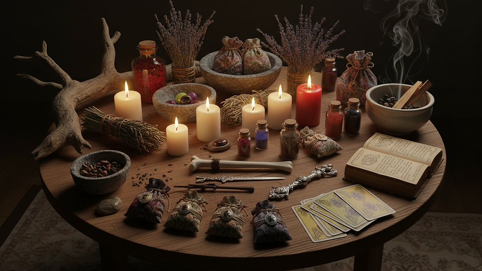 Eye-level view of a traditional healer’s ritual setup with candles and herbs
