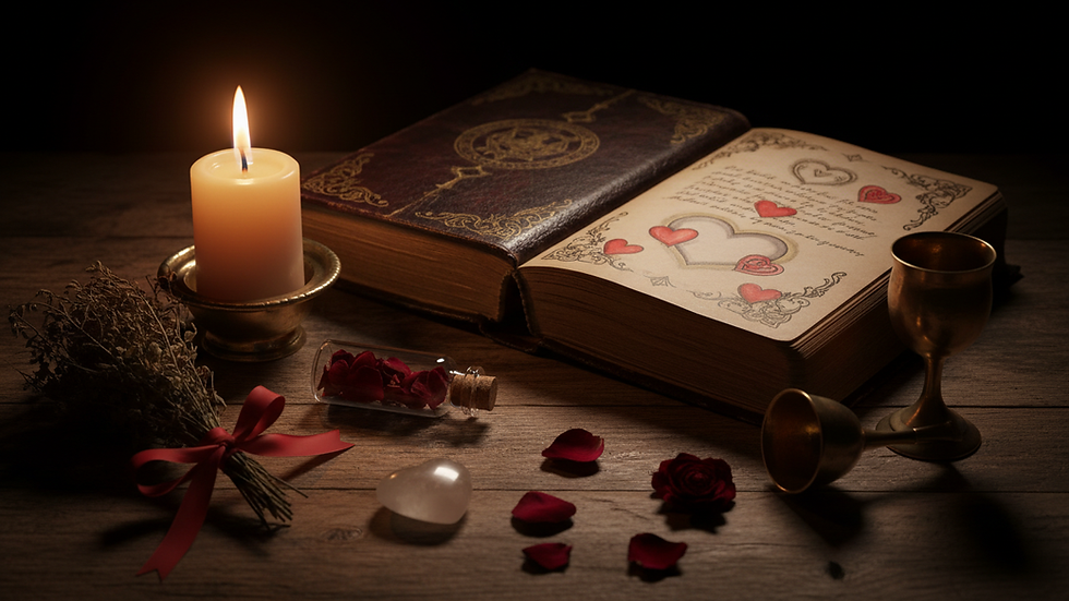 Eye-level view of a candle burning beside a love spell book