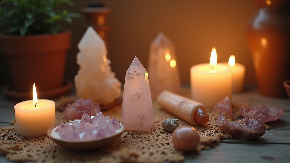 Eye-level view of a spiritual altar with crystals and candles arranged neatly
