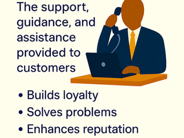 Digital illustration on the concept of Customer Service. The graphic shows a faceless professional figure with a headset at a desk, symbolizing support. Text explains customer service as the practice of assisting and supporting customers before, during, and after their purchase. Key points listed include: improves customer loyalty, builds brand reputation, and increases revenue. The bottom includes the website address: coachward.biz.