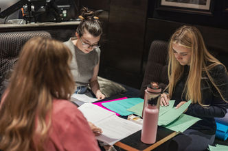 [2024] Writer-director Alice Fitzgerald works through the script with actors Lauren Lewis (Eimear) and Silvie Furneaux (Maisie) ahead of the community sharing at The Other Palace.
