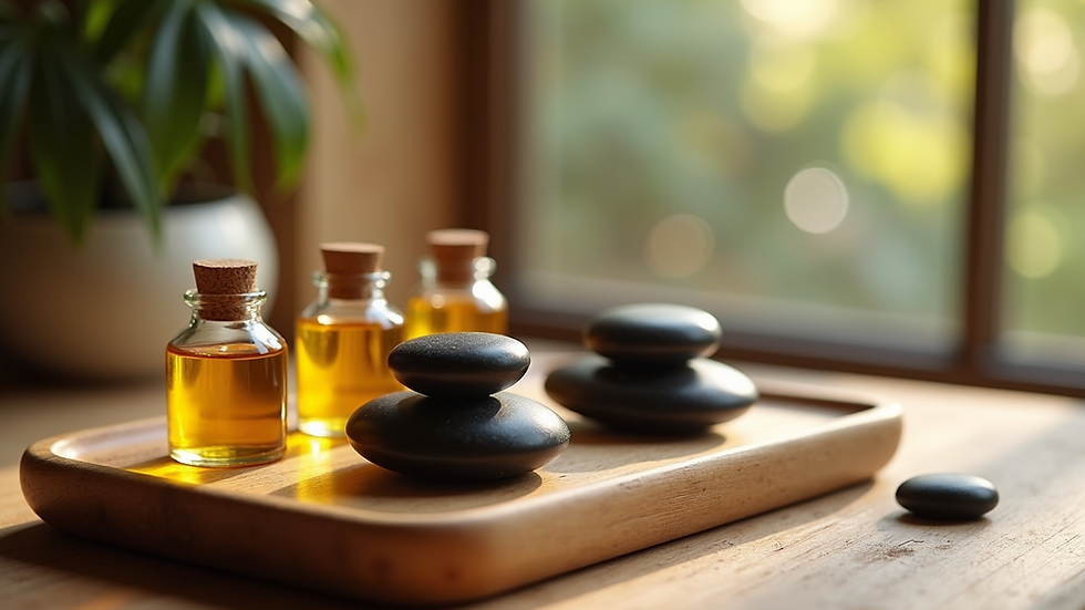 Close-up view of massage oils and stones arranged on a wooden tray