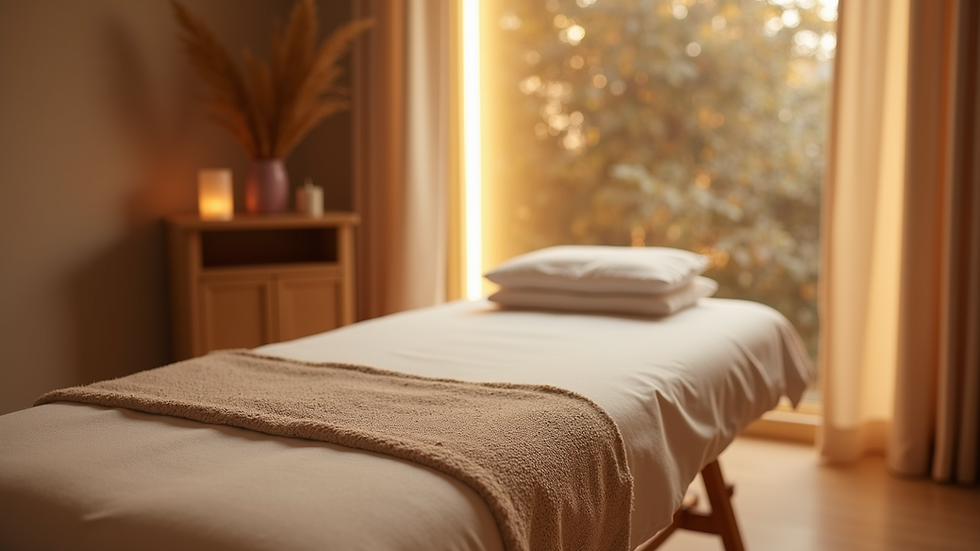 Eye-level view of a massage room with a neatly arranged massage table and soft lighting